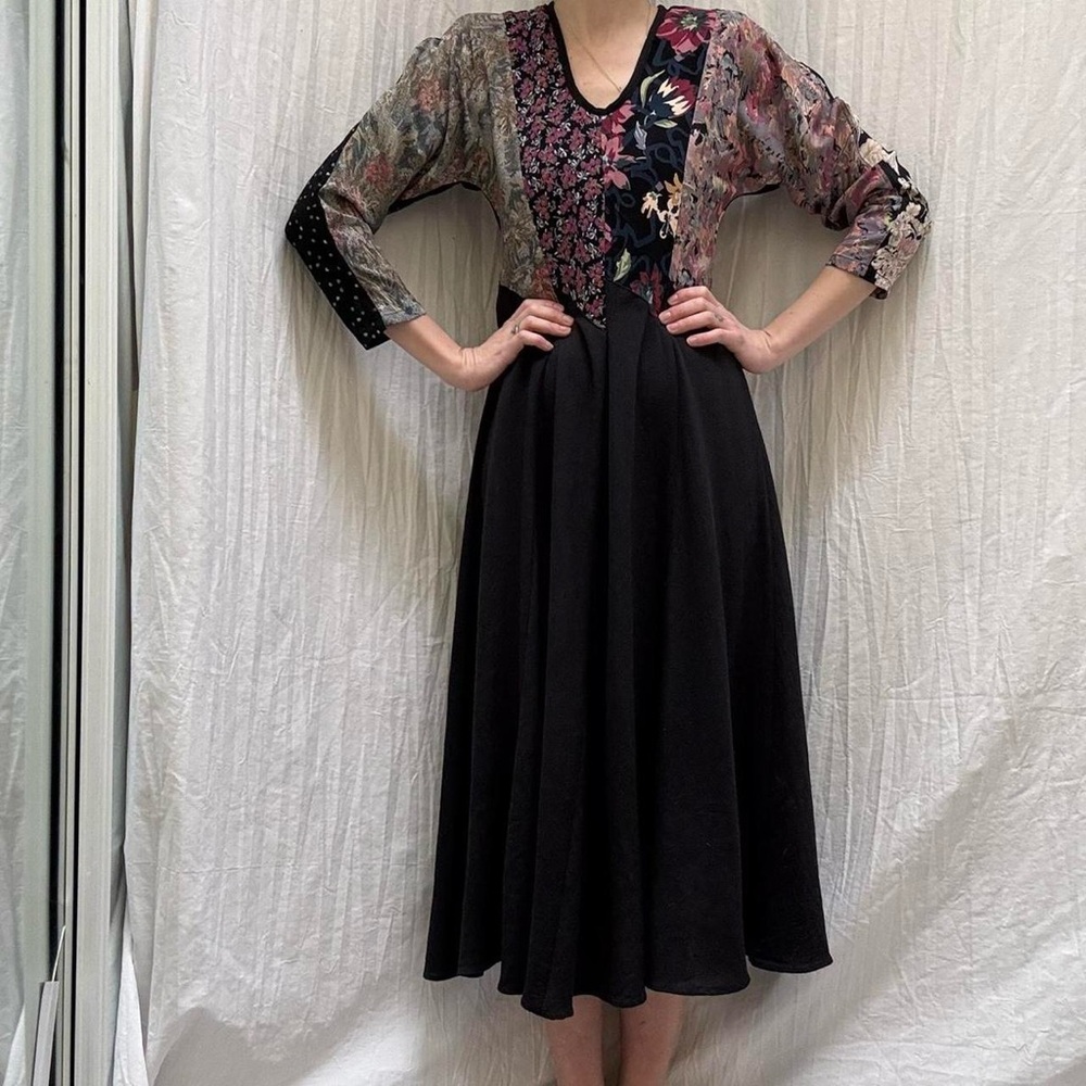 Black Floral Patchwork Midi Dress Vintage 90s Whimsygoth Boho Witchy - Picture 2 of 8